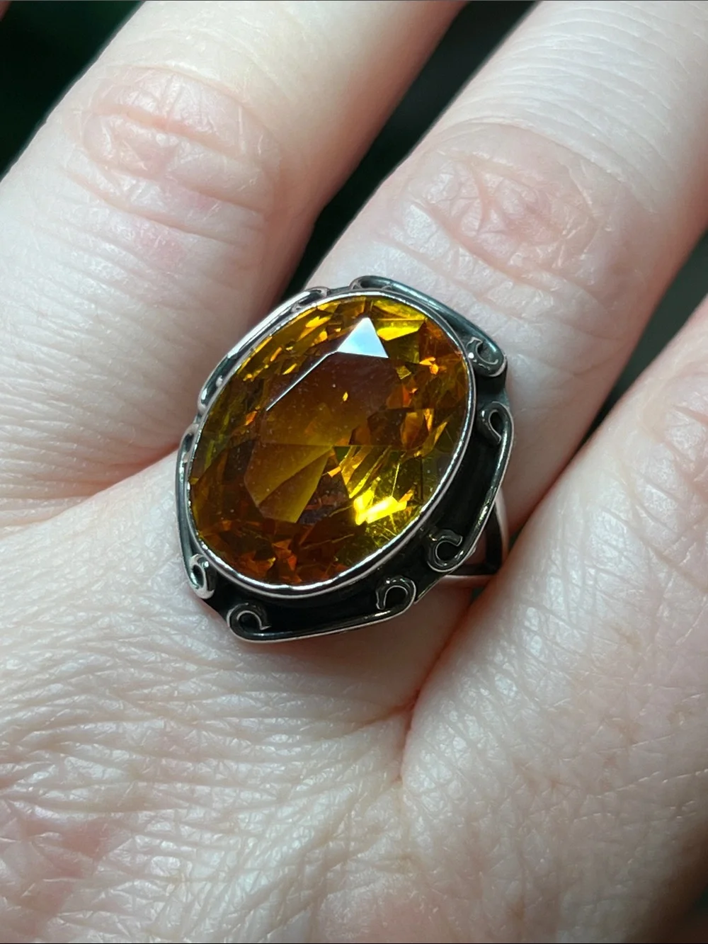 Vintage Taxco Faceted Large Oval Citrine 925 Sterling Silver Ring